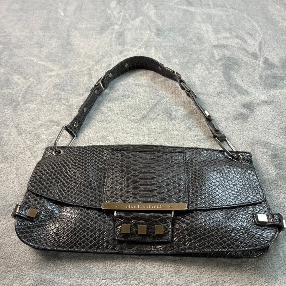 Charles David Black Snakeskin Embossed Shoulder Bag Silver Studded Baguette Y2K - Picture 14 of 14